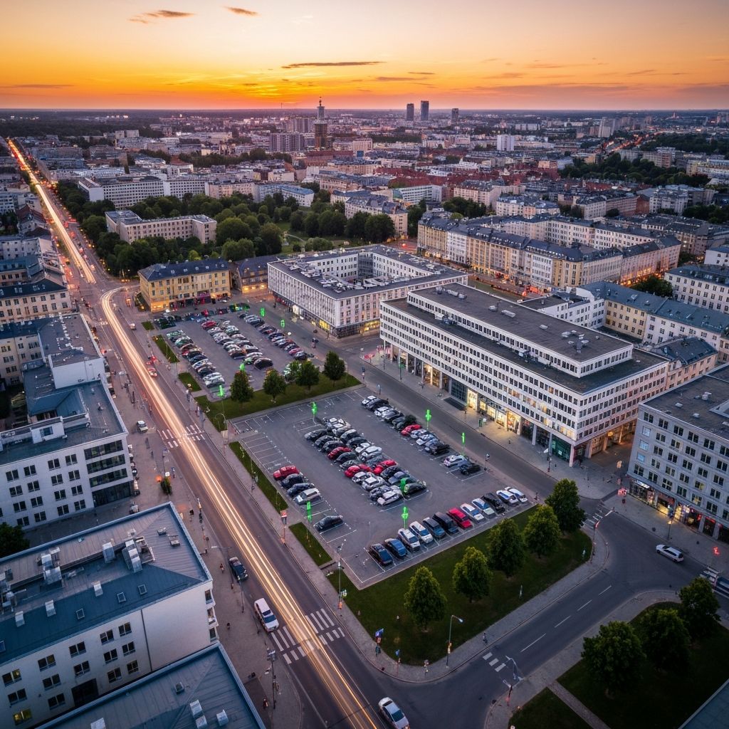 Modern European city at sunset
